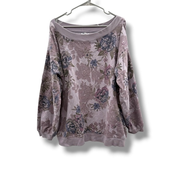 Maurices Tops - Maurices Floral Sweatshirt Womens 1X Purple French Terry Boat Neck Boho Pullover